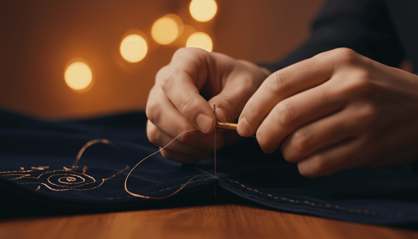 Master craftsman hand-stitching luxury apparel